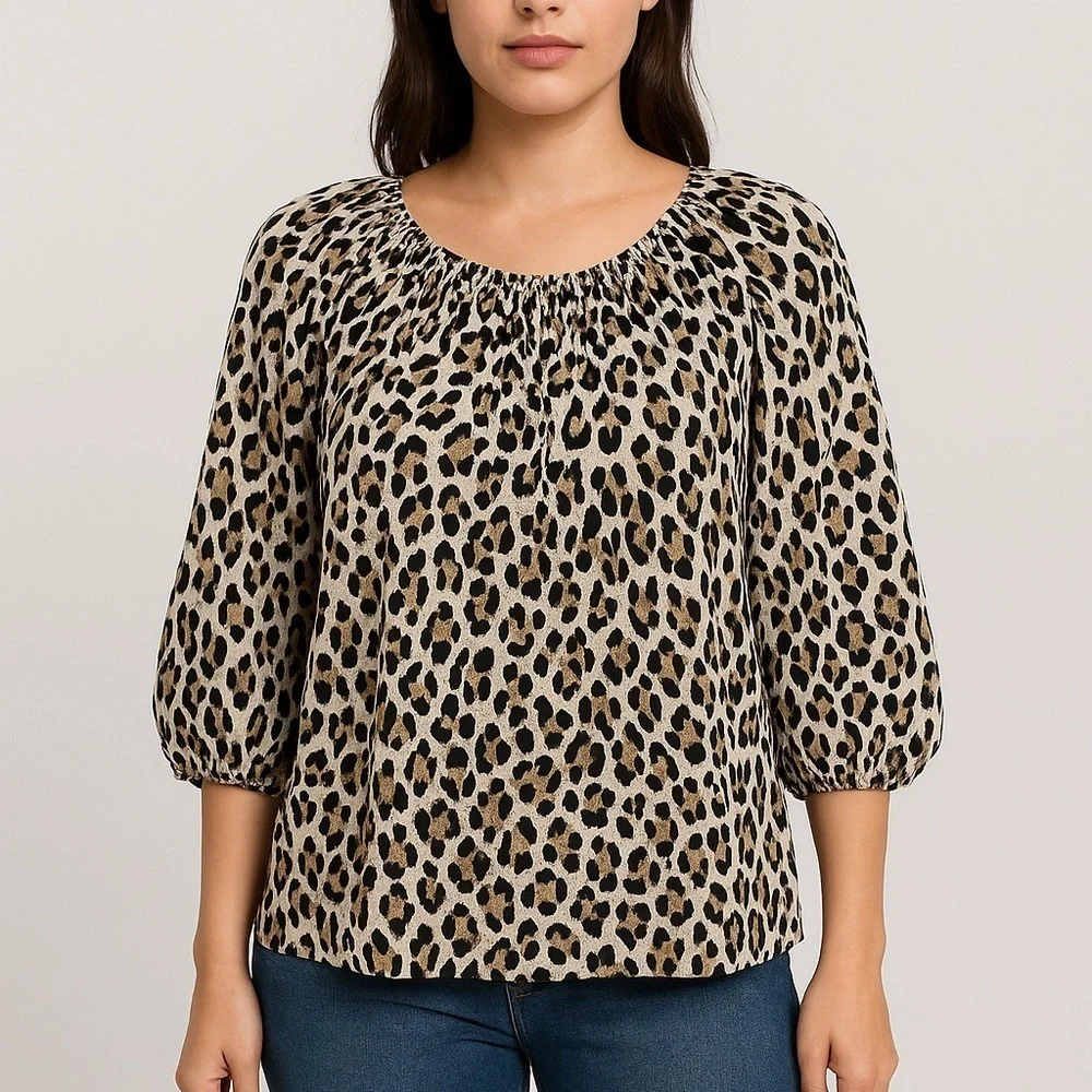 Banana Republic Sheer Leopard Blouse Women’s S Ruched Neck Puff Sleeve Peasent